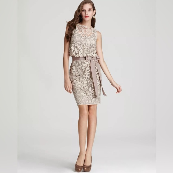 Tadashi Shoji Blouson Sand Beige Floral Lace
Overlay Cocktail Dress Size 8 - Picture 1 of 17